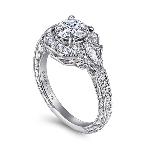 Myrna - Art Deco 14K White Gold Round Halo Diamond Engagement Ring - 0.41 ct - Shot 3