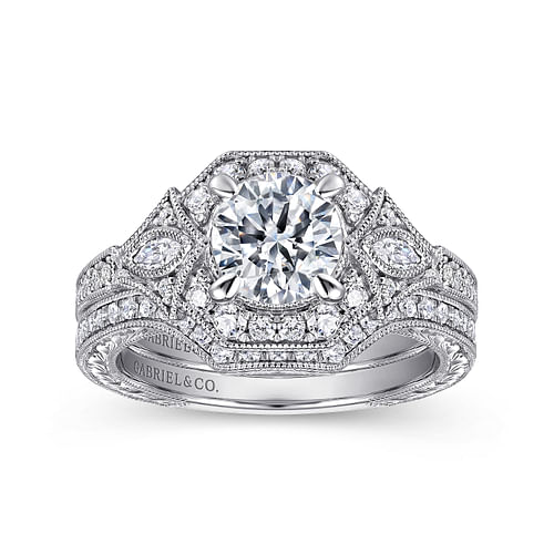 Myrna - Art Deco 14K White Gold Round Halo Diamond Engagement Ring - 0.41 ct - Shot 4