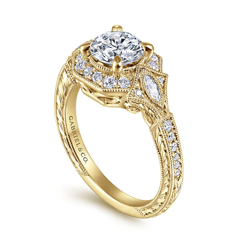 Myrna - Art Deco 14K Yellow Gold Round Halo Diamond Engagement Ring - 0.41 ct - Shot 3