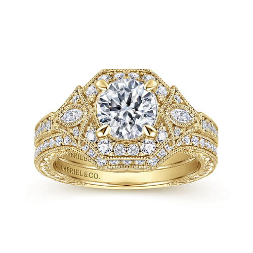 Myrna - Art Deco 14K Yellow Gold Round Halo Diamond Engagement Ring - 0.41 ct - Shot 4
