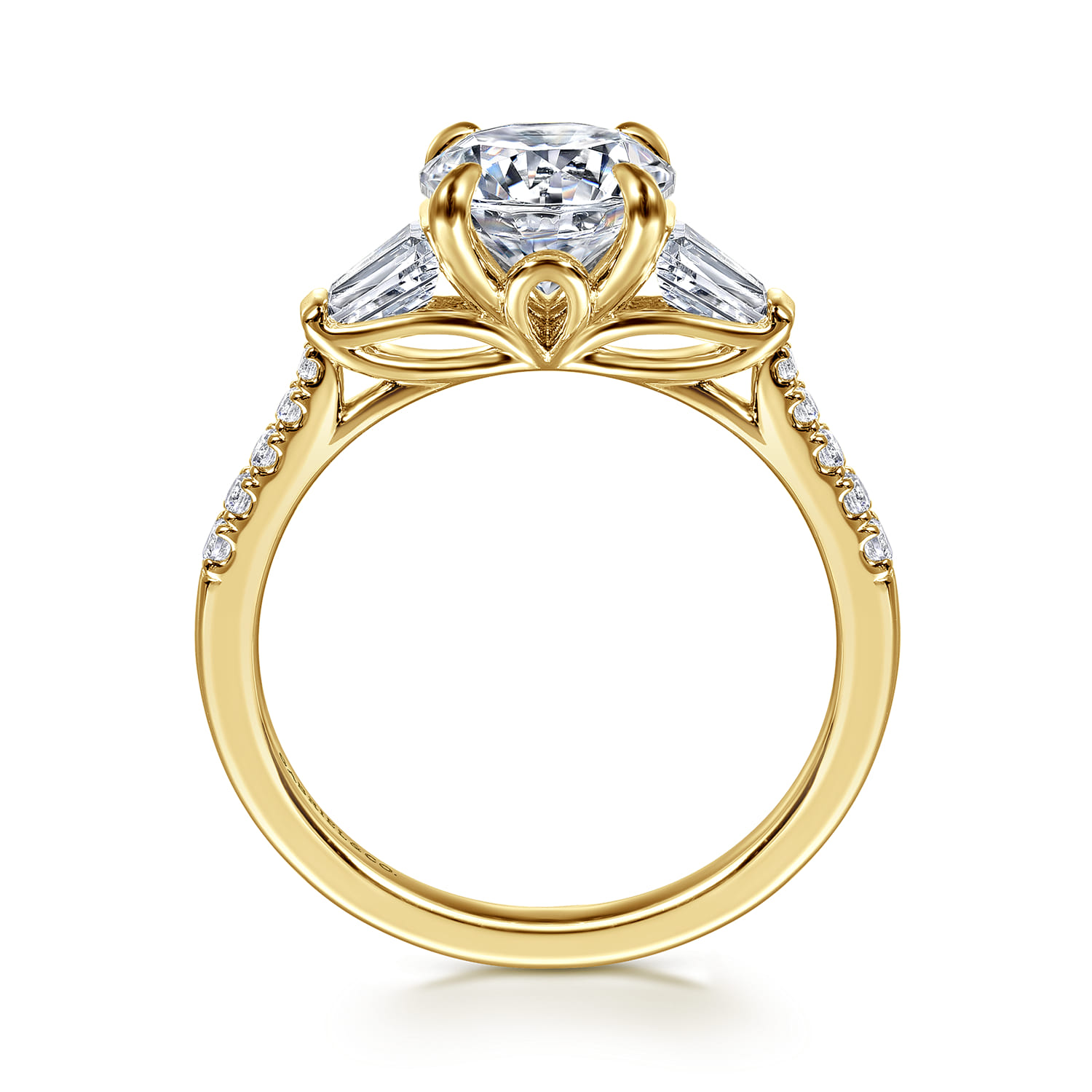Nadia - 14K Yellow Gold Round Three Stone Lotus Diamond Engagement Ring