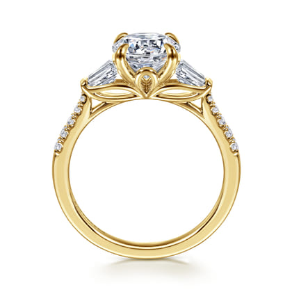 Nadia - 14K Yellow Gold Round Three Stone Lotus Diamond Engagement Ring