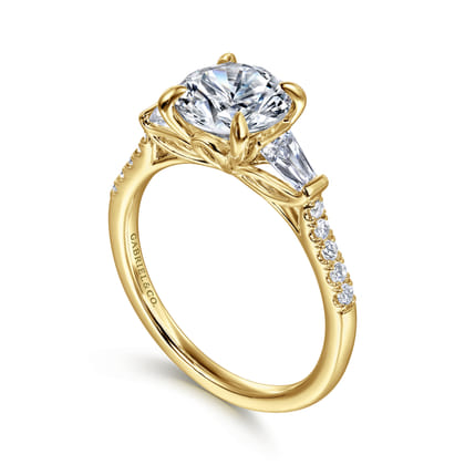 Nadia - 14K Yellow Gold Round Three Stone Lotus Diamond Engagement Ring