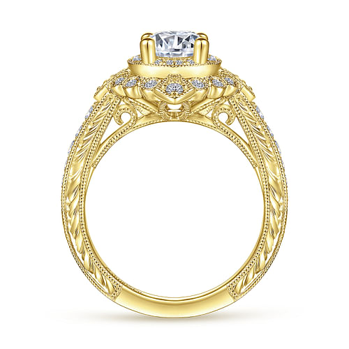 Nancy - Art Deco 14K Yellow Gold Round Double Halo Diamond Engagement Ring - 0.42 ct - Shot 2