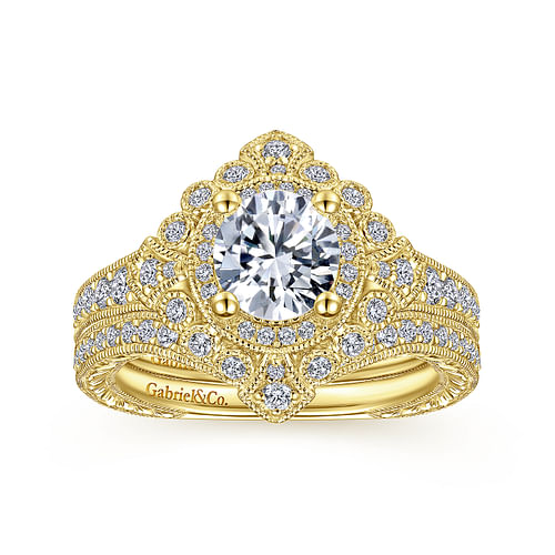 Nancy - Art Deco 14K Yellow Gold Round Double Halo Diamond Engagement Ring - 0.42 ct - Shot 4