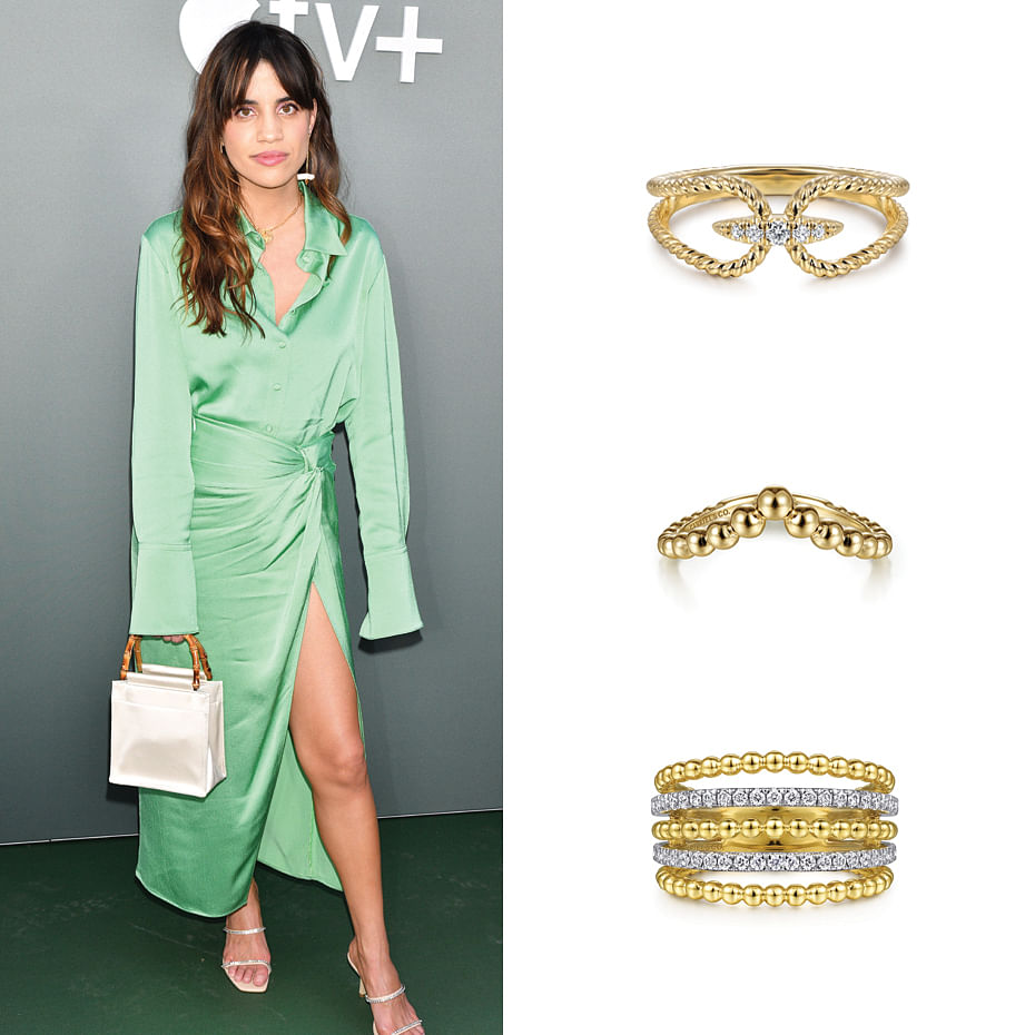 Actress Natalie Morales wearing Gabriel & Co. rings 