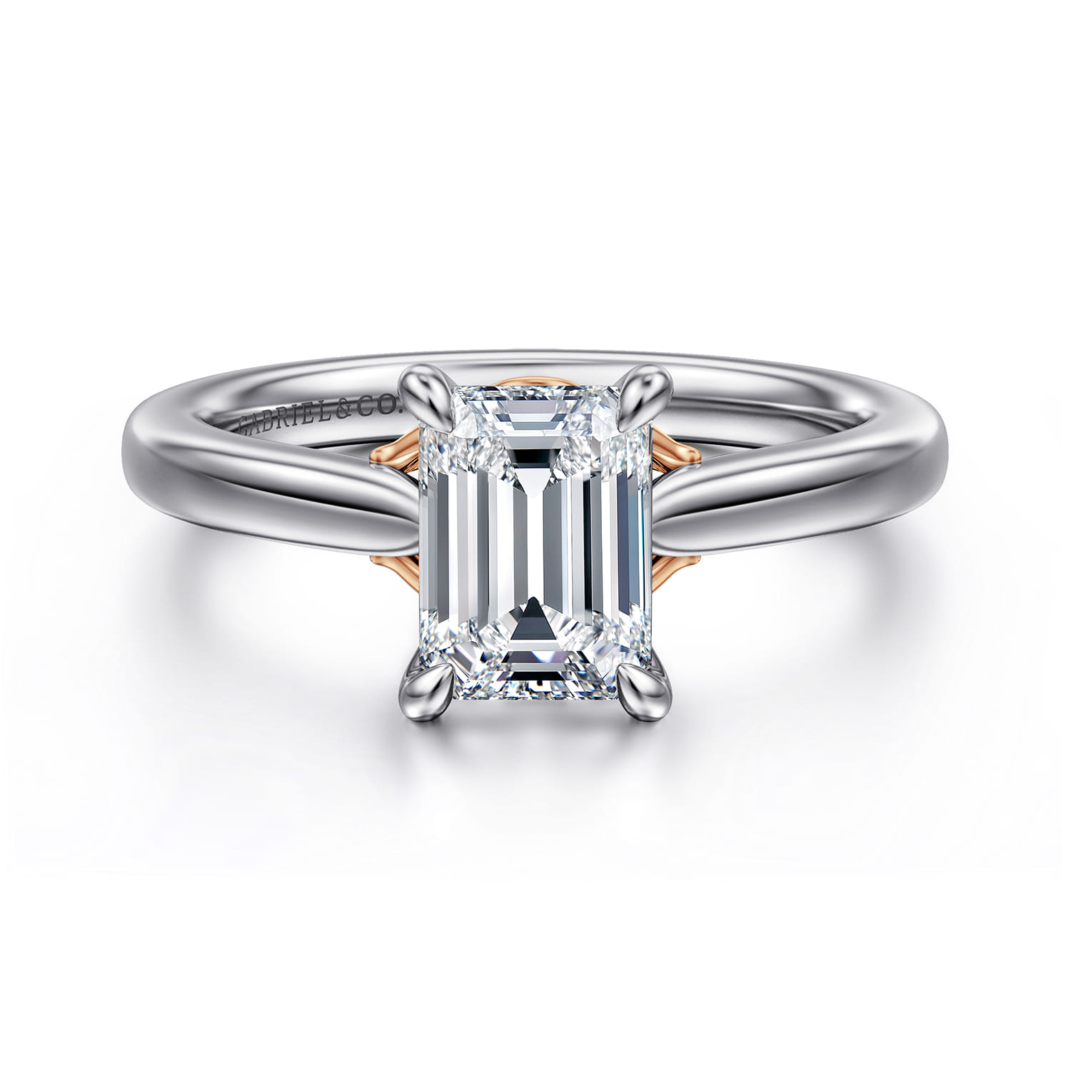 Nelia - 14K White-Rose Gold Emerald Cut Lotus Diamond Engagement Ring