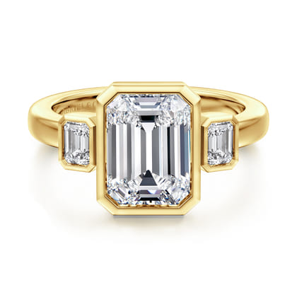 Nelle - 14K Yellow Gold Emerald Cut Three Stone Bezel Diamond Engagement Ring