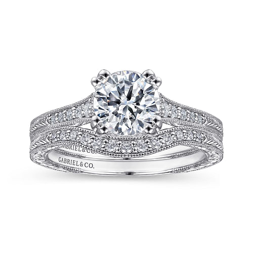 Neri - Vintage Inspired 14K White Gold Round Diamond Engagement Ring - 0.16 ct - Shot 4