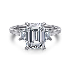 Nigela - 14K White Gold Emerald Cut Three Stone Lotus Diamond Engagement Ring