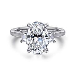 14K White Gold Oval Three Stone Lotus Diamond Engagement Ring