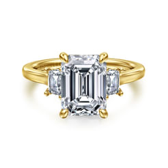 14K Yellow Gold Emerald Cut Three Stone Lotus Diamond Engagement Ring