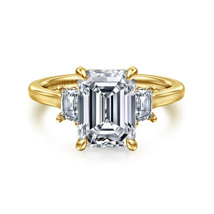 Nigela - 14K Yellow Gold Emerald Cut Three Stone Lotus Diamond Engagement Ring