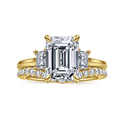 Nigela - 14K Yellow Gold Emerald Cut Three Stone Lotus Diamond Engagement Ring