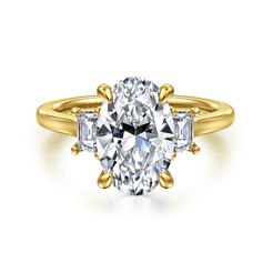 14K Yellow Gold Oval Three Stone Lotus Diamond Engagement Ring
