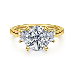 14K Yellow Gold Round Three Stone Lotus Diamond Engagement Ring