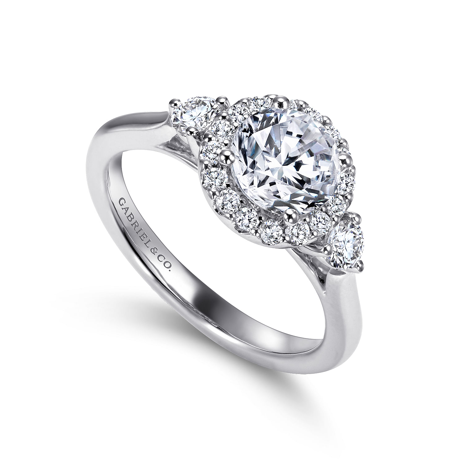 Noelle - 14K White Gold Round Three Stone Halo Diamond Engagement Ring - 0.39 ct - Shot 3