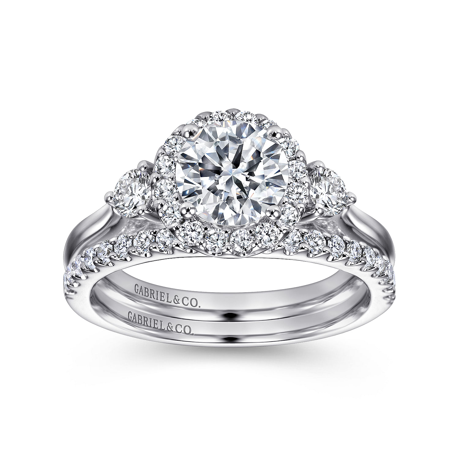 Noelle - 14K White Gold Round Three Stone Halo Diamond Engagement Ring - 0.39 ct - Shot 4