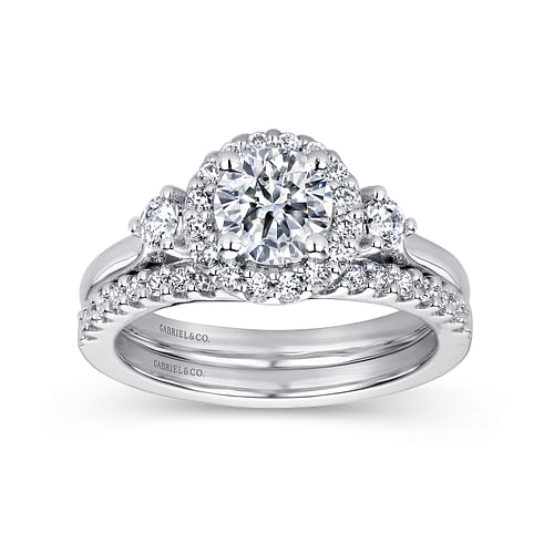Noelle - 14K White Gold Round Three Stone Halo Diamond Engagement Ring - 0.34 ct - Shot 4