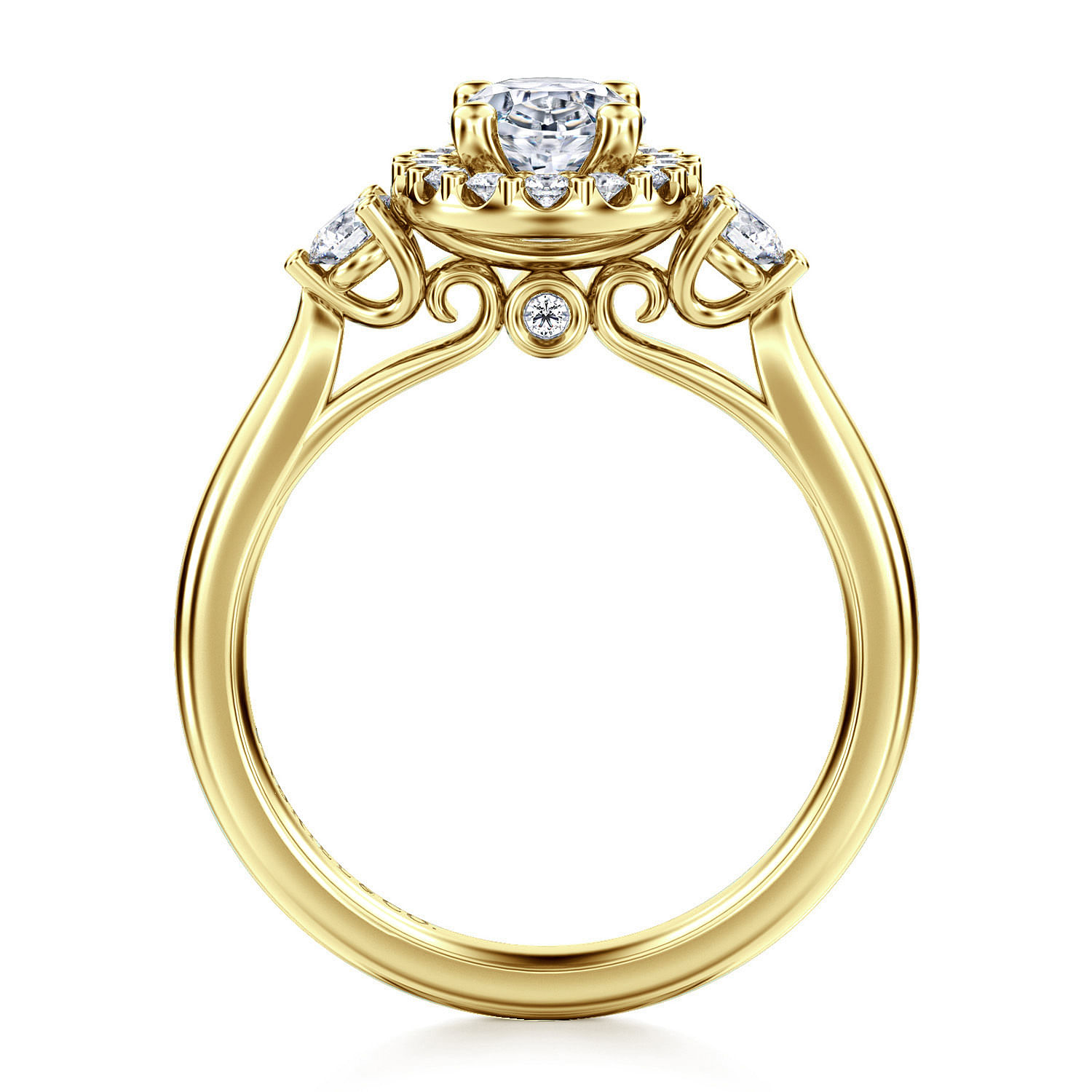 Noelle - 14K Yellow Gold Oval Three Stone Halo Diamond Engagement Ring - 0.38 ct - Shot 2