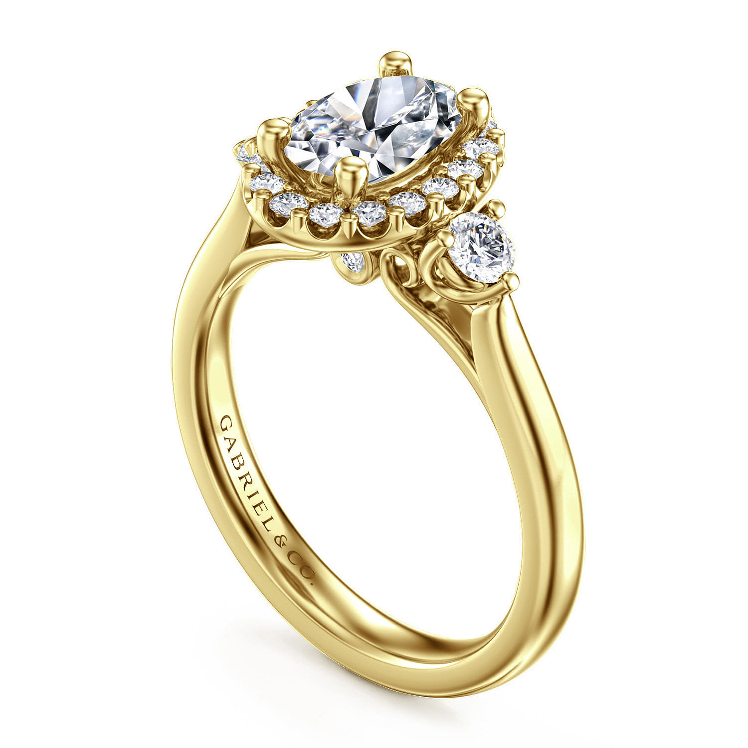 Noelle - 14K Yellow Gold Oval Three Stone Halo Diamond Engagement Ring - 0.38 ct - Shot 3