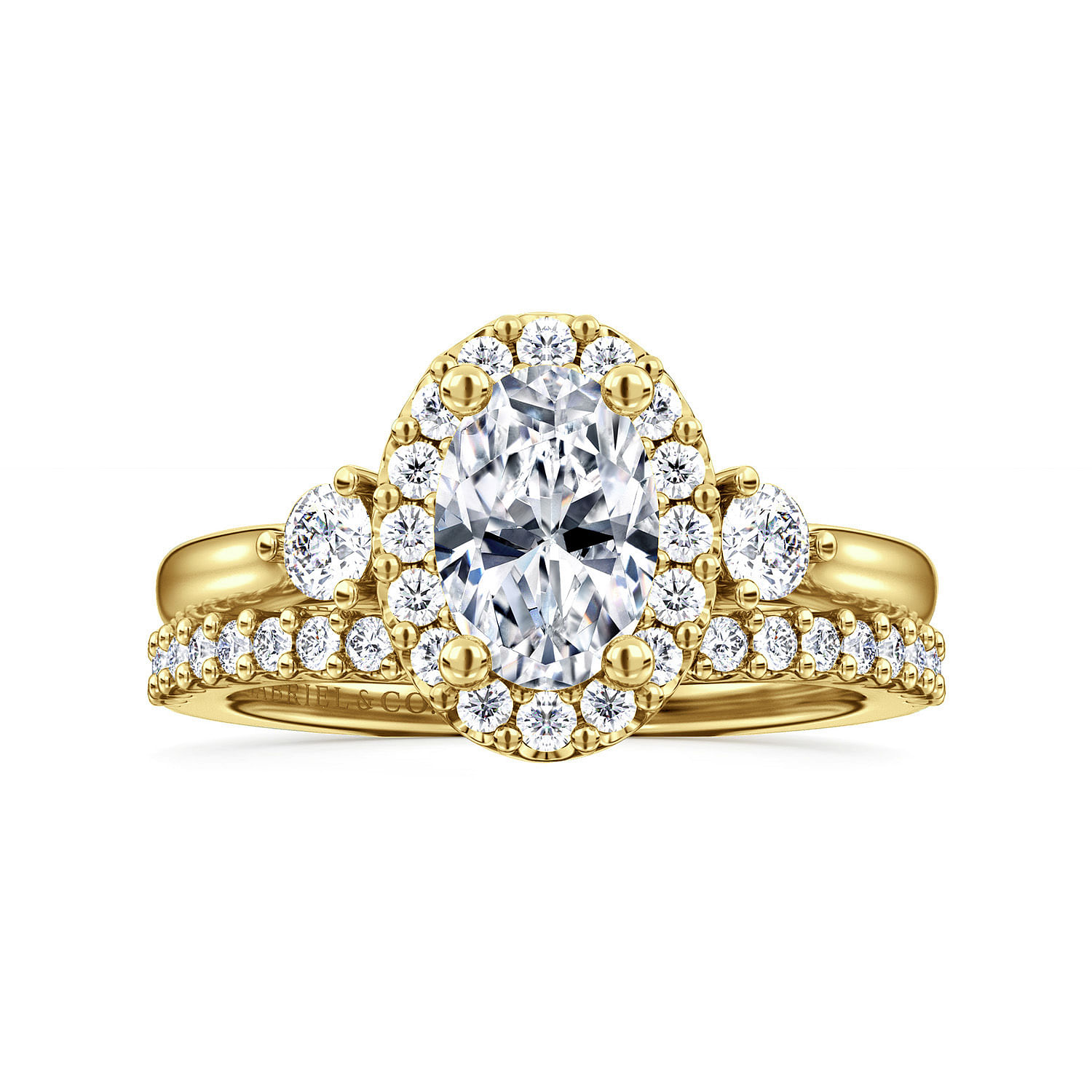 Noelle - 14K Yellow Gold Oval Three Stone Halo Diamond Engagement Ring - 0.38 ct - Shot 4