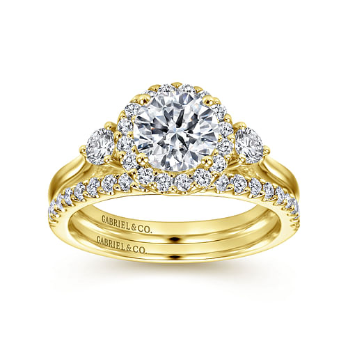 Noelle - 14K Yellow Gold Round Three Stone Halo Diamond Engagement Ring - 0.4 ct - Shot 4