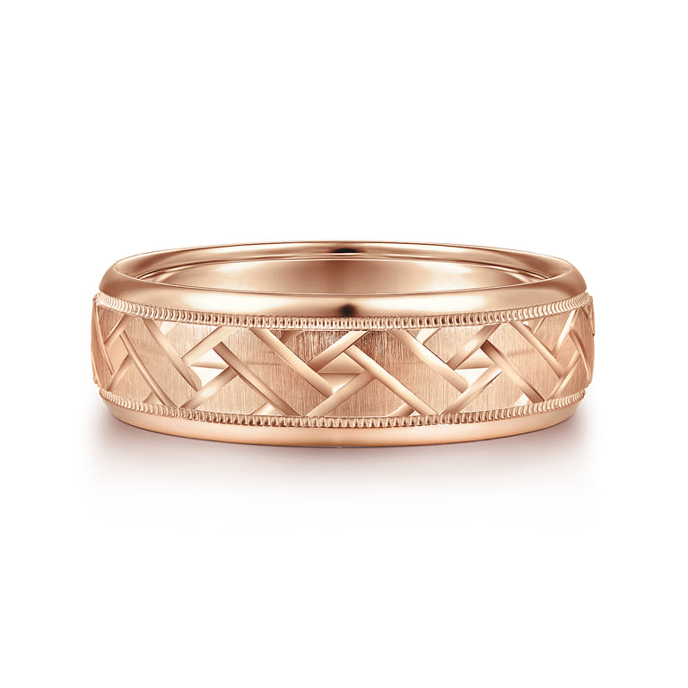 Oliver - 14K Rose Gold 7mm - Engraved Woven Men's Wedding Band in Satin Finish - Shot 1