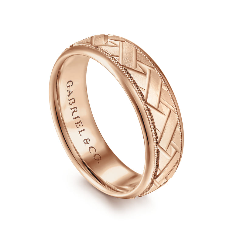 Oliver - 14K Rose Gold 7mm - Engraved Woven Men's Wedding Band in Satin Finish - Shot 3