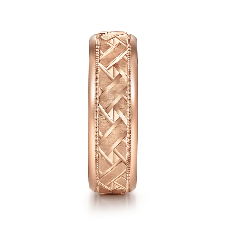 Oliver - 14K Rose Gold 7mm - Engraved Woven Men's Wedding Band in Satin Finish - Shot 4