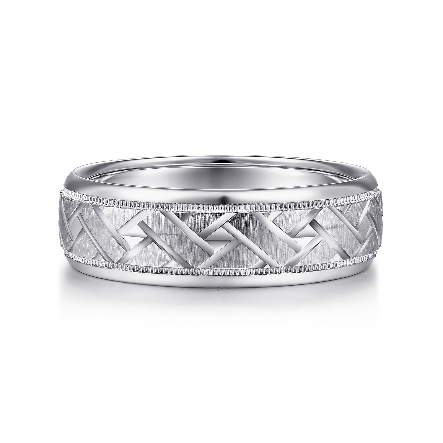 Oliver - 14K White Gold 7mm - Engraved Woven Men's Wedding Band in Satin Finish