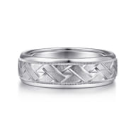 Oliver - 14K White Gold 7mm - Engraved Woven Men's Wedding Band in Satin Finish