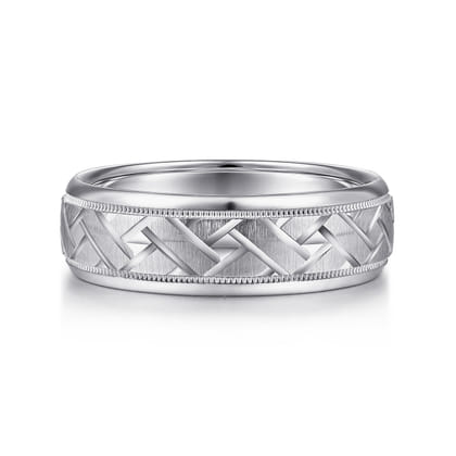 Oliver - 14K White Gold 7mm - Engraved Woven Men's Wedding Band in Satin Finish