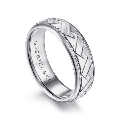 Oliver - 14K White Gold 7mm - Engraved Woven Men's Wedding Band in Satin Finish