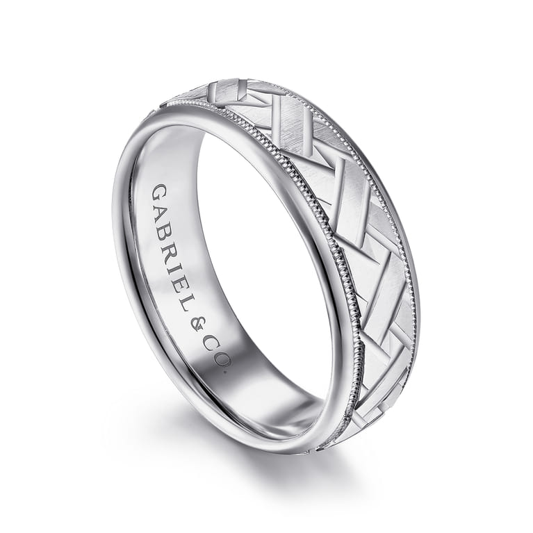 Oliver - 14K White Gold 7mm - Engraved Woven Men's Wedding Band in Satin Finish - Shot 3