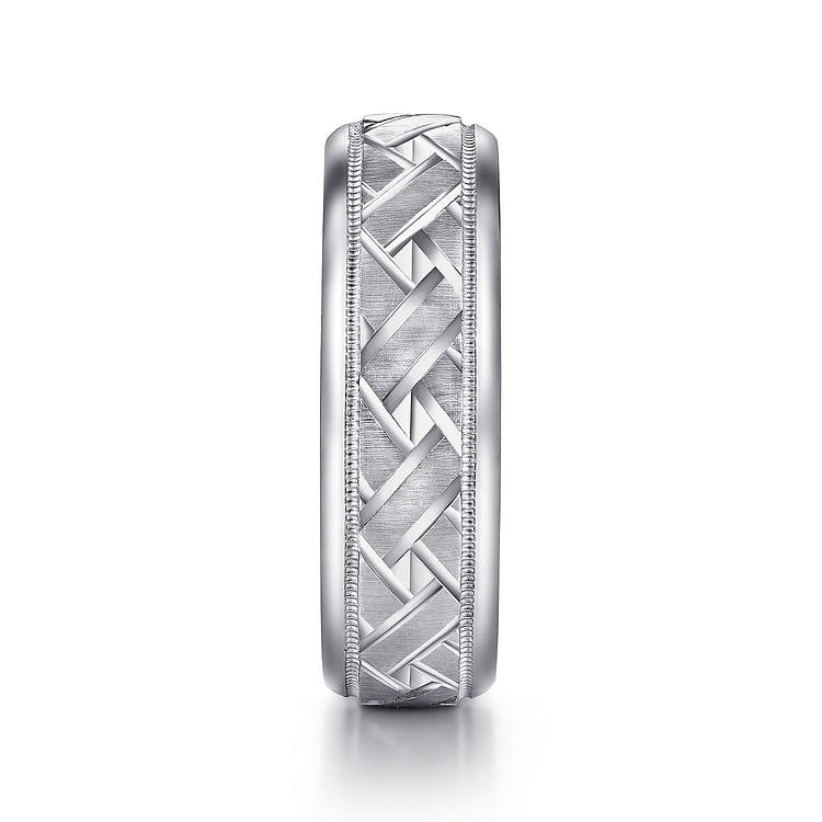Oliver - 14K White Gold 7mm - Engraved Woven Men's Wedding Band in Satin Finish