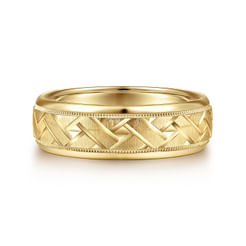 14K Yellow Gold 7mm - Engraved Woven Men's Wedding Band in Satin Finish