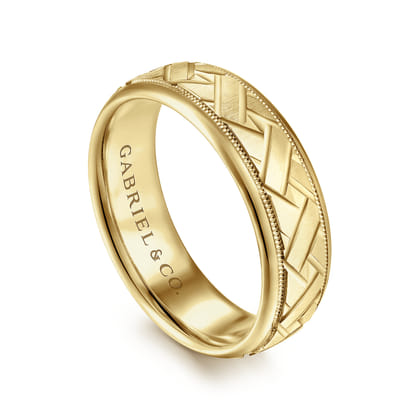 Oliver - 14K Yellow Gold 7mm - Engraved Woven Men's Wedding Band in Satin Finish