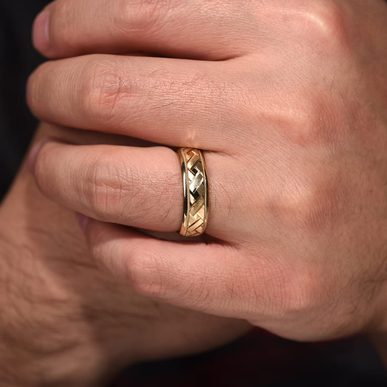 Oliver - 14K Yellow Gold 7mm - Engraved Woven Men's Wedding Band in Satin Finish - Shot 5