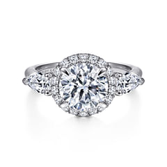 Ondine - 14K White Gold Round 3 Stone Halo Diamond Engagement Ring
