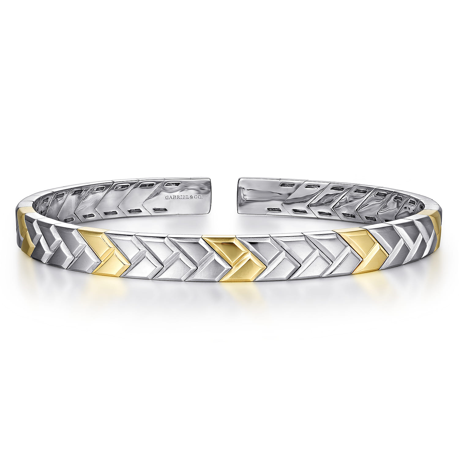 Open Cuff Bangle Herringbone 925 Sterling Silver and 14K Yellow Gold 7mm - Shot 1