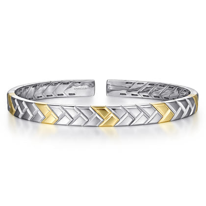 Open Cuff Bangle Herringbone 925 Sterling Silver and 14K Yellow Gold 7mm