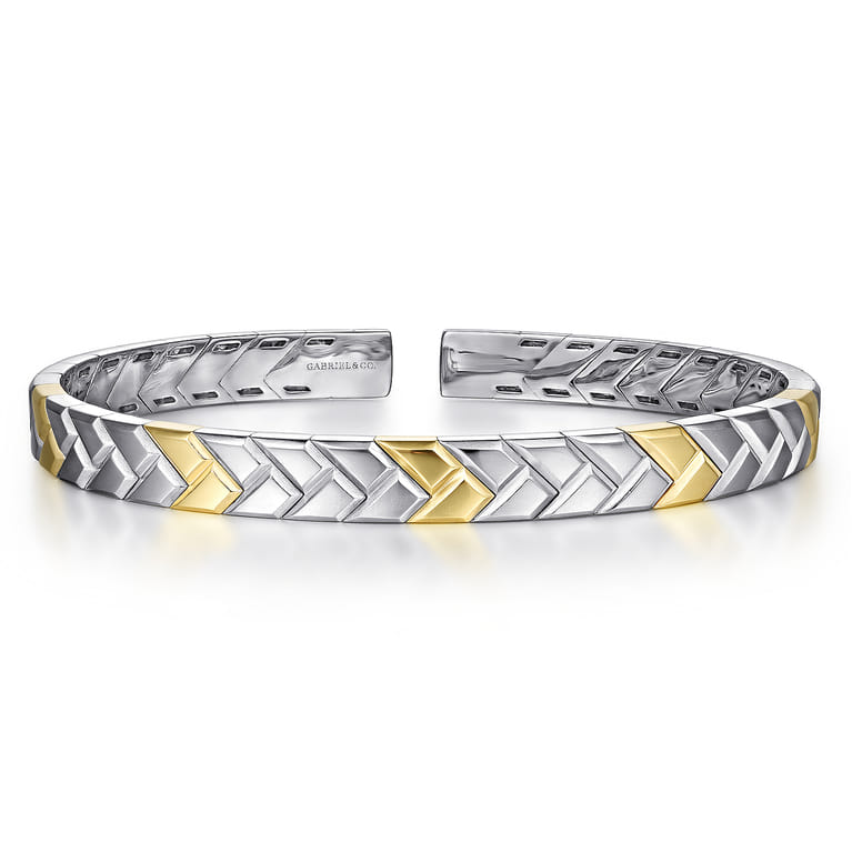 Open Cuff Bangle Herringbone 925 Sterling Silver and 14K Yellow Gold 7mm - Shot 1