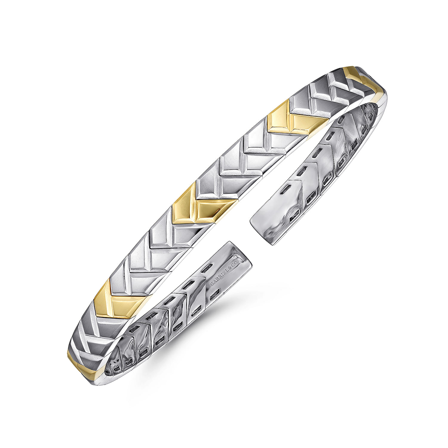 Open Cuff Bangle Herringbone 925 Sterling Silver and 14K Yellow Gold 7mm - Shot 2