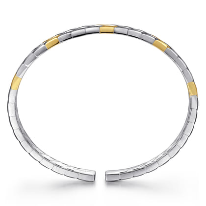 Open Cuff Bangle Herringbone 925 Sterling Silver and 14K Yellow Gold 7mm