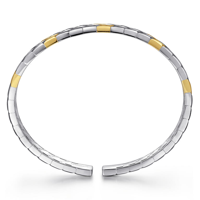 Open Cuff Bangle Herringbone 925 Sterling Silver and 14K Yellow Gold 7mm - Shot 3
