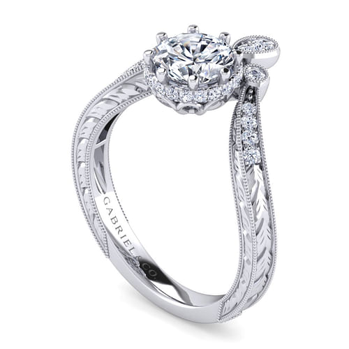 Oriana - Vintage Inspired 14K White Gold Curved Round Diamond Engagement Ring - 0.2 ct - Shot 3