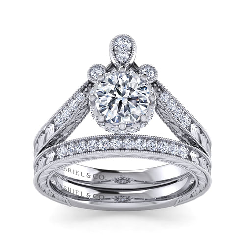 Oriana - Vintage Inspired 14K White Gold Curved Round Diamond Engagement Ring - 0.2 ct - Shot 4