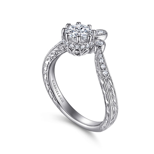 Oriana - Vintage Inspired 14K White Gold Round Curved Diamond Engagement Ring - 0.19 ct - Shot 3