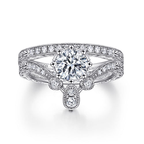 Oriana - Vintage Inspired 14K White Gold Round Curved Diamond Engagement Ring - 0.19 ct - Shot 4